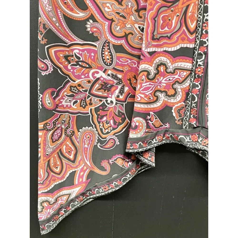 INC Skirt PS Pink Paisley Gray Coral Midi Rhinestone Sharkbite‎ Hem Stretch Boho